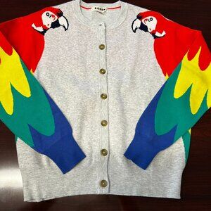 Boden Gray Cardigan Sweater with Red, Yellow, Green & Blue Parrot Sleeves